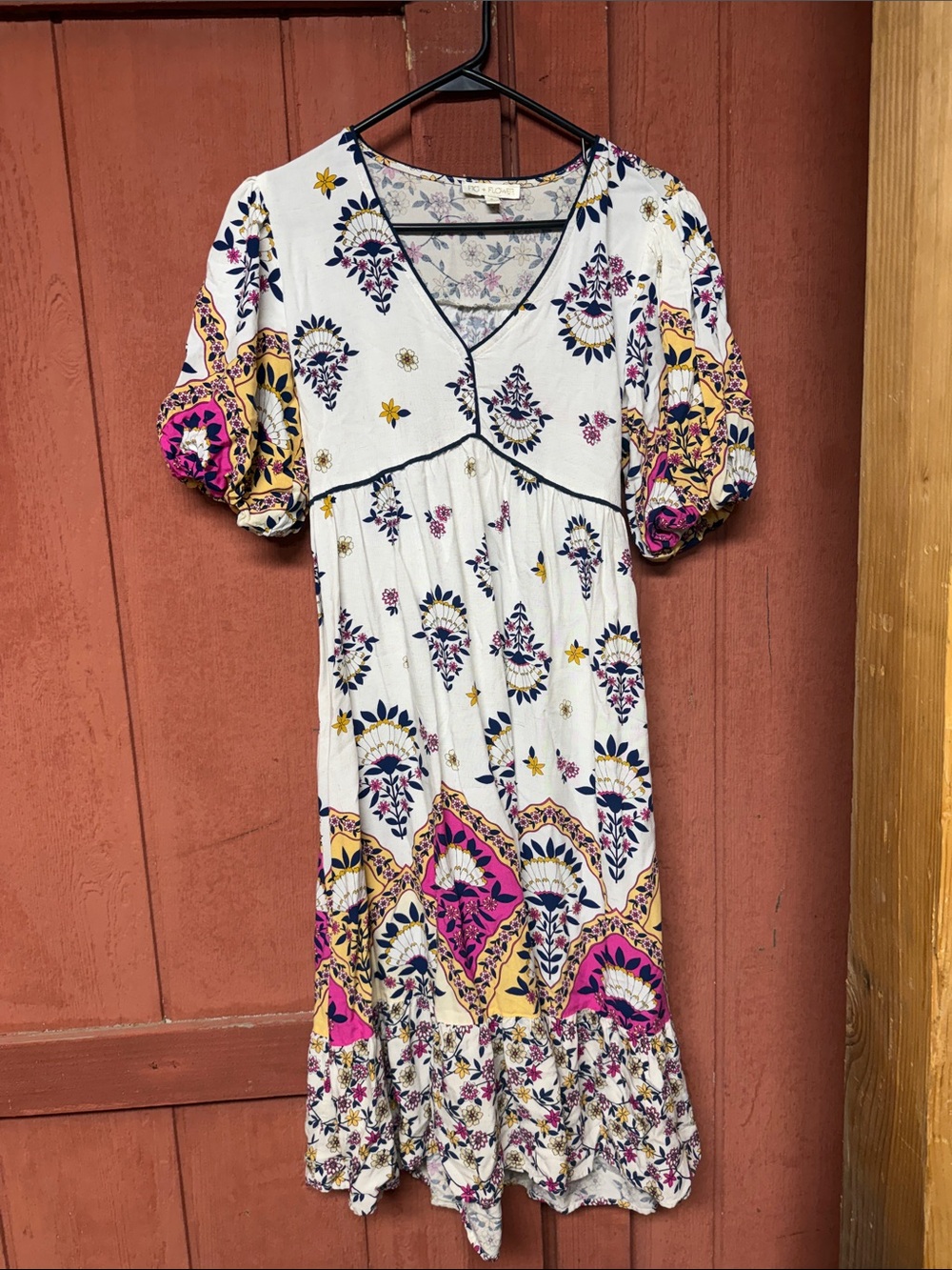 fig and flower White Floral Boho Midi Dress with Pink and Yellow Accents